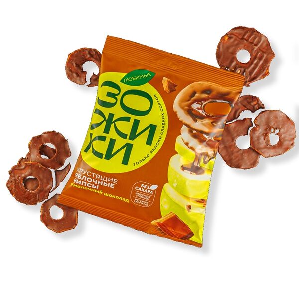 Чипсы яблочные Любимые Зожики хрустящие в молочном шоколаде (без сахара) 80 г