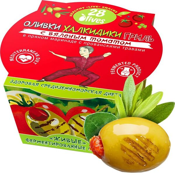Оливки 28 olives Халкидики Гриль с вяленым томатом в пряном маринаде с прованскими травами 150г