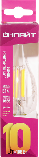 Лампа светодиодная ОНЛАЙТ 10Вт 2700К Е14 свеча пламя, филамент, Арт. 80898 теплый свет