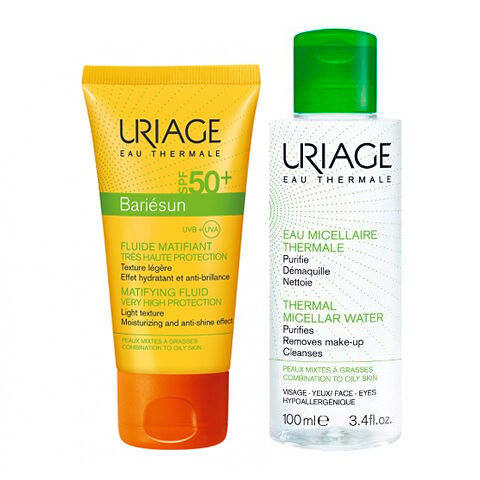 Uriage Bariesun набор Матирующая эмульсия SPF 50+ 50 мл + Мицеллярная вода для комбинированной и жирной кожи 100 мл
