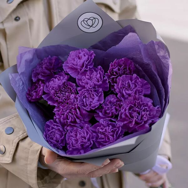 Букет из 15 фиолетовых гвоздик в сиреневой пленке
