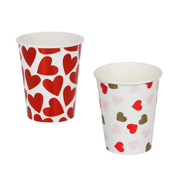 Набор стаканов бумажных, с фольгированным слоем, с сердечками, 2 цвета, красный, розовый, 230 гр.