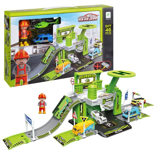 Парковка-трек Junfa с фигуркой человечка машинками не менее 46 деталей в коробке