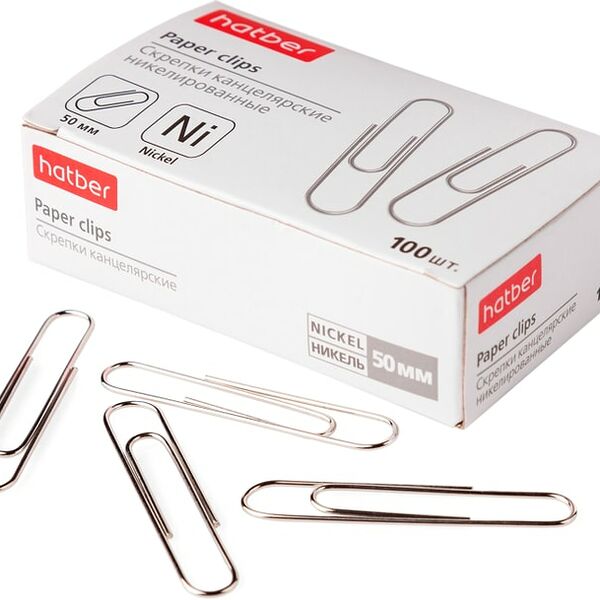 Скрепки Hatber никелированные круглые 50мм 100шт