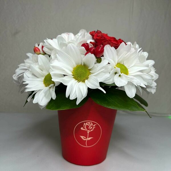 Сладкий букет с розой, хризантемой и конфетами Raffaello в стаканчике 