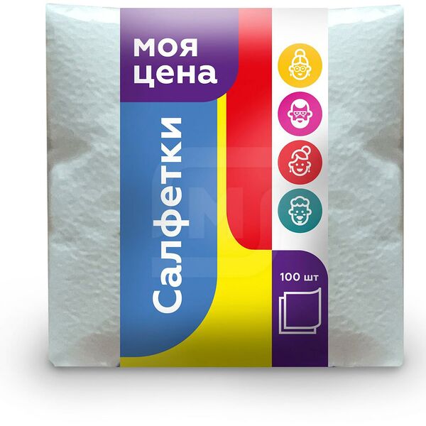 Салфетки бумажные Моя Цена белые 24х24 см, 1 слой, 100 шт.
