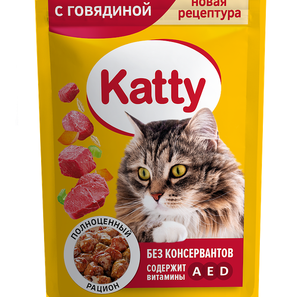 Корм влажный Katty с говядиной для кошек 85г