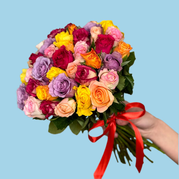 Букет цветов из 39 роз микс 40 см МП лента