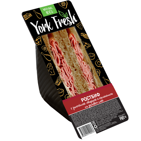 Сэндвич York Fresh с ростбифом и корнишонами на зерновом хлебе в соусе тартар 150г