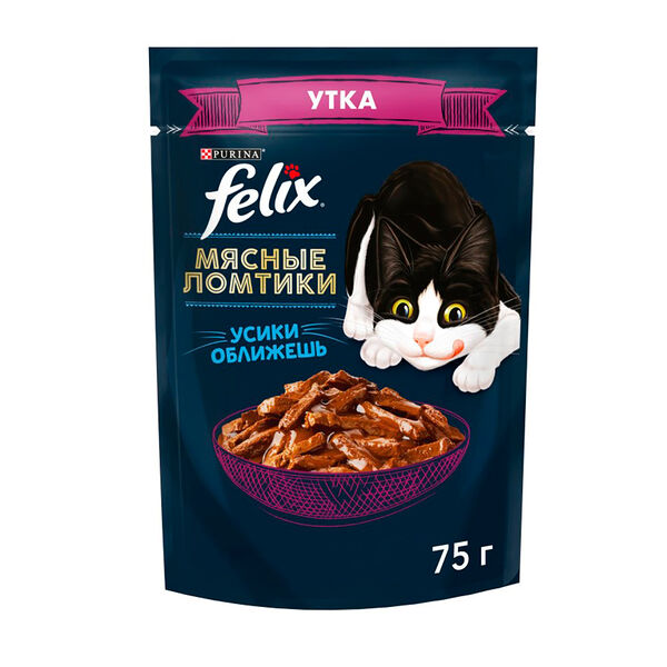 FELIX® Мясные Ломтики. Корм консервированный полнорационный для взрослых кошек, с уткой, Пауч, 75г