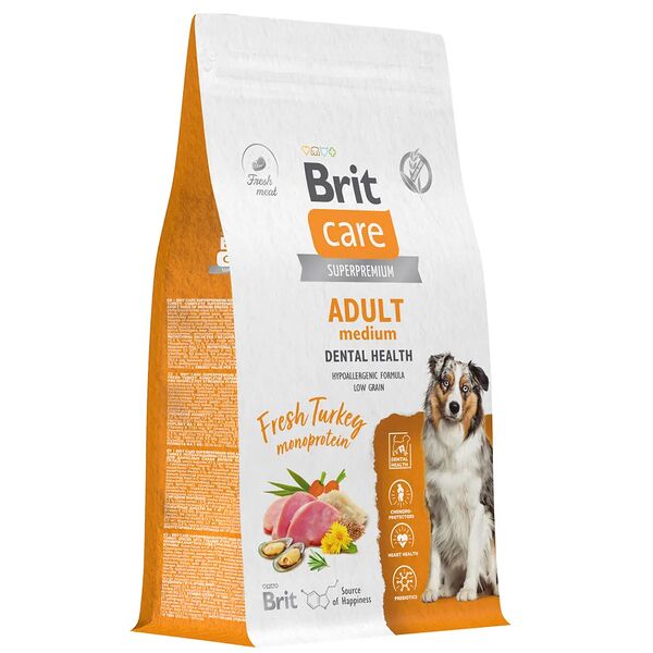 Сухой корм для собак средних пород Brit Care Dog Adult Dental Health с индейкой
