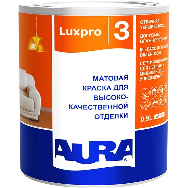 Краска AURA Luxpro 3 водно-дисперсионная интерьерная, 0,9 л, белая база А