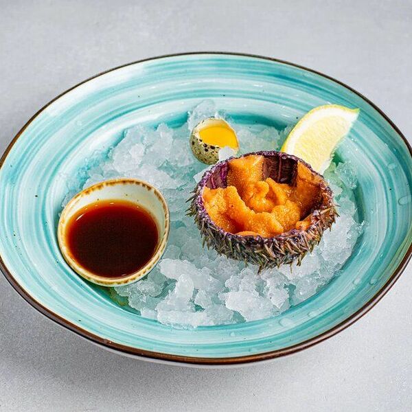 Еж морской с перепелиным яйцом и соусом Понзо