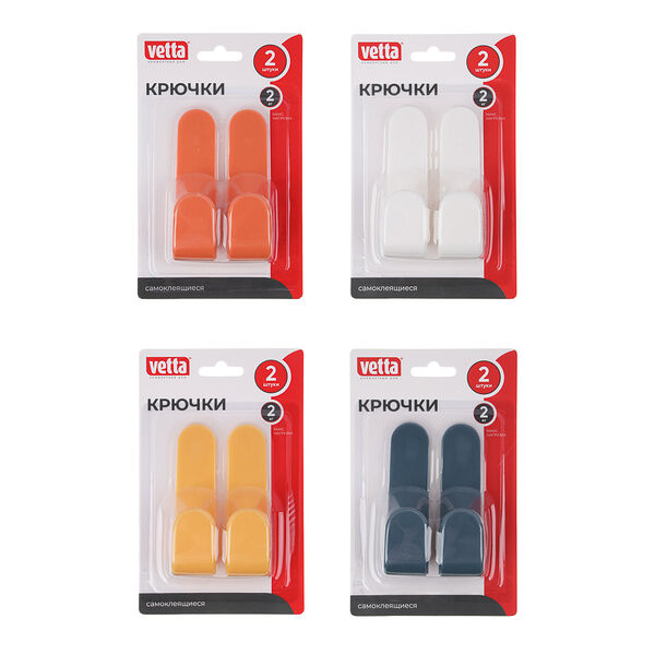 Vetta крючки самоклеящиеся, вытянутые, 9x2,3см, 2шт, пластик в ассортименте