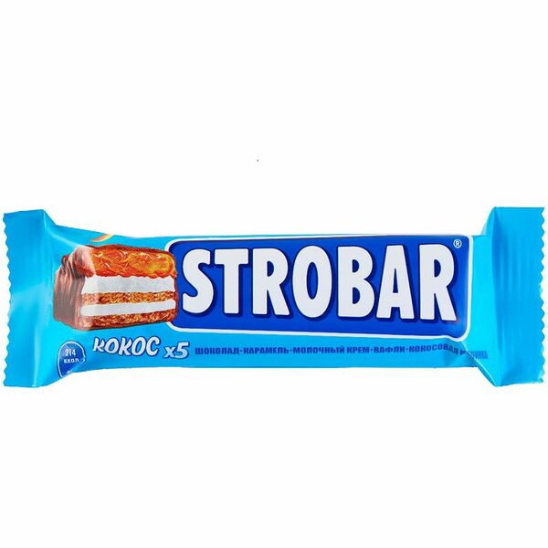 Батончик Strobar шоколадный с начинкой из карамели, с кокосовой мякотью и хрустящими вафлями