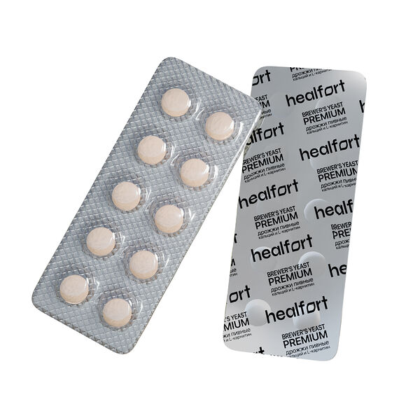 Дрожжи пивные Healfort Premium с кальцием и L-карнитином для кошек и собак 10 таб.