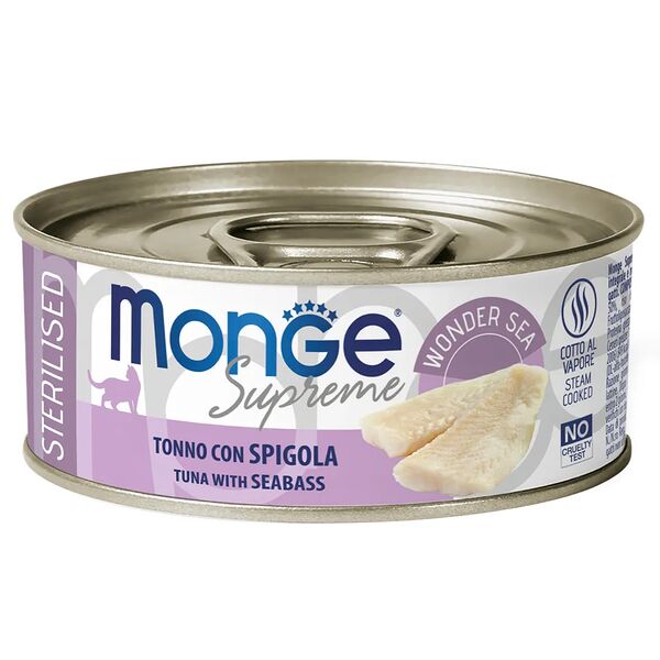 Корм для кошек MONGE Supreme sterilized для стерилизованных, тунец с морским окунем банка