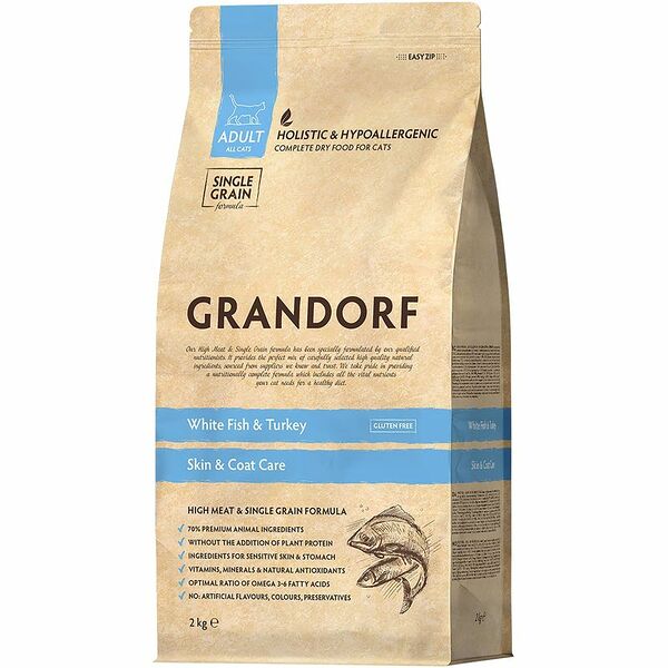 Корм для кошек Grandorf Забота о коже и шерсти Белая рыба с индейкой 2 кг