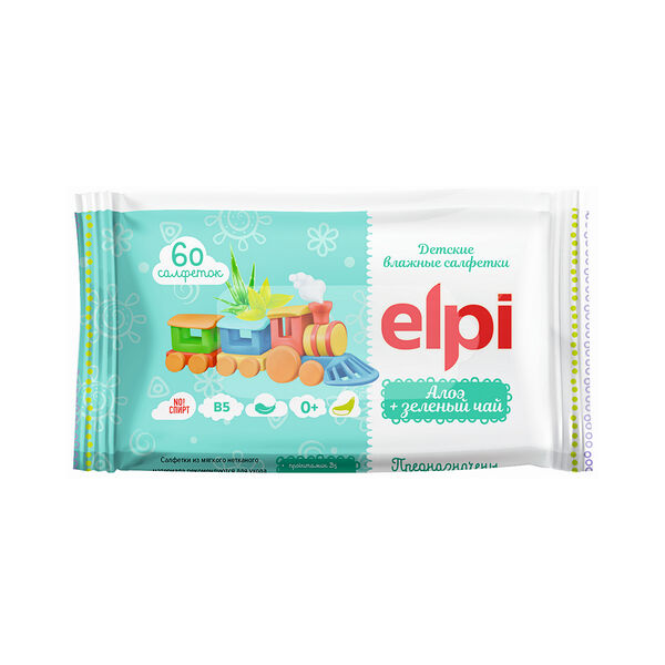 Салфетки влажные гигиенические для детей Алоэ и зеленый чай Elpi  60шт арт E01430