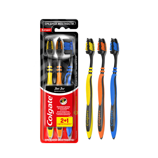 Зубная щетка Colgate Зиг заг 2 + 1 Древесный уголь средней жесткости, в ассортименте