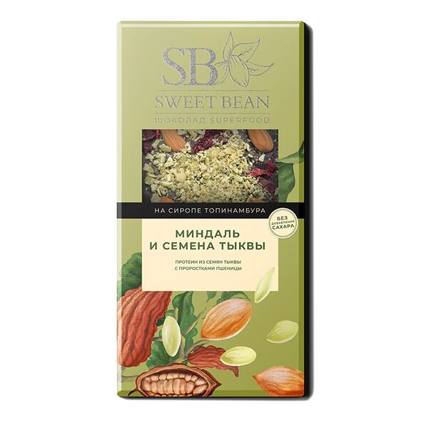 Шоколад веганский Sweet Bean с суперфудами Миндаль-Семена тыквы на сиропе топинамбура 90 г
