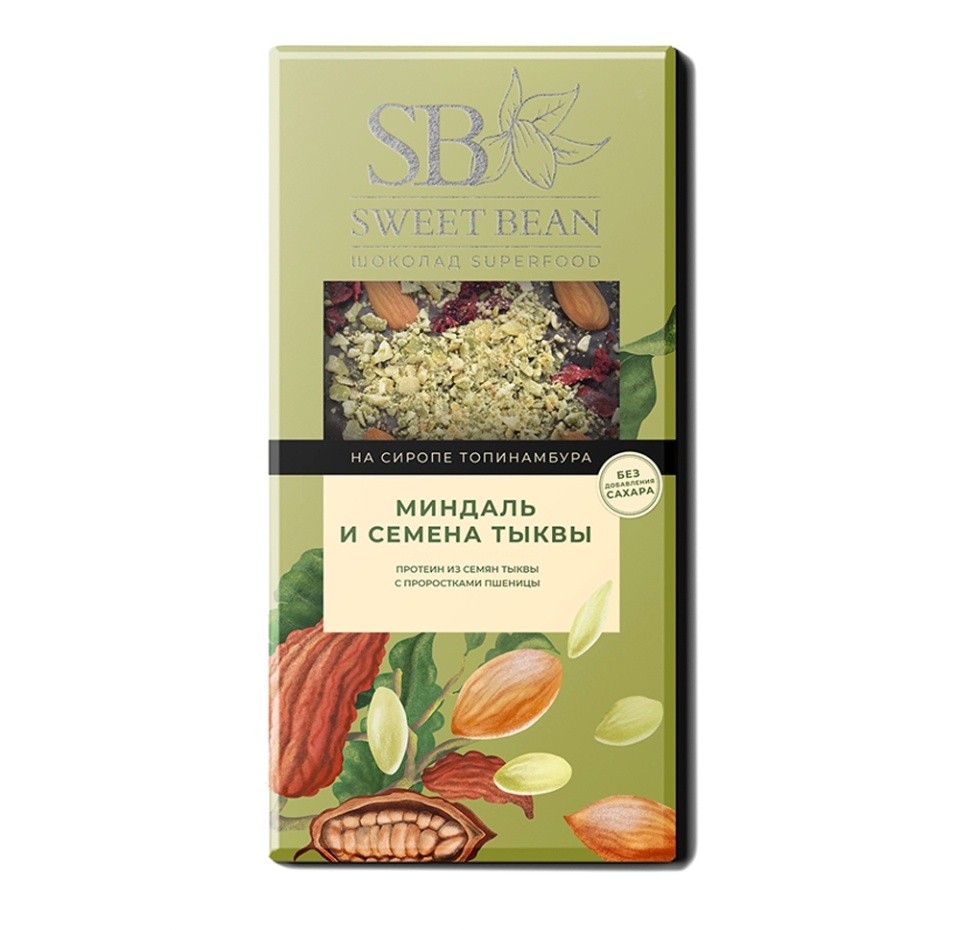 

Шоколад веганский Sweet Bean с суперфудами Миндаль-Семена тыквы на сиропе топинамбура 90 г