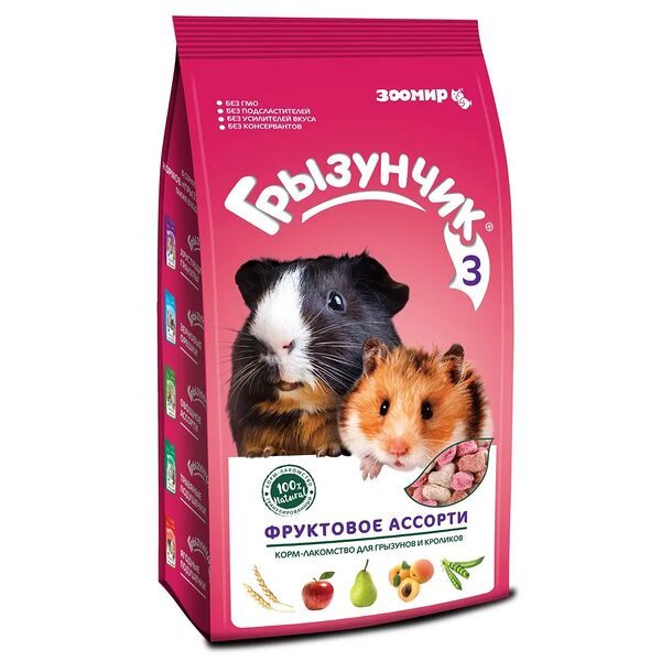 Корм-лакомство для грызунов и кроликов Зоомир Грызунчик 3 Фруктовое ассорти 200г