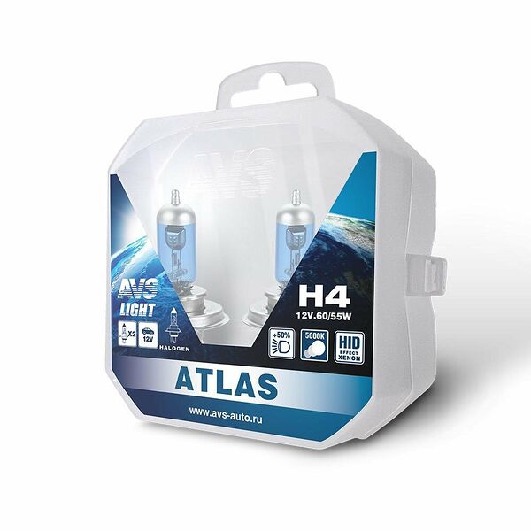 Лампа галогенная AVS ATLAS PB /5000К/ H4.12V.60/55W Plastic box -2 шт.