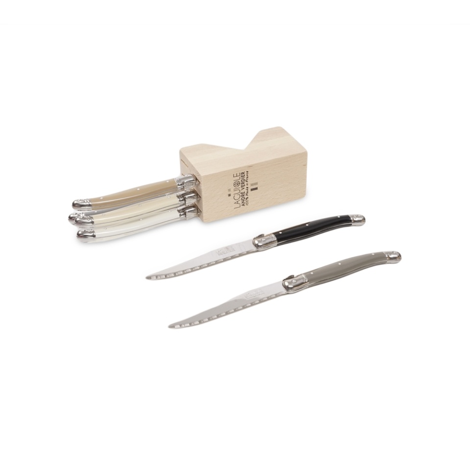 

Набор ножей для стейка Andre Verdier Laguiole в деревяном блоке ручки разноцветные пластик бежевые 6 шт.