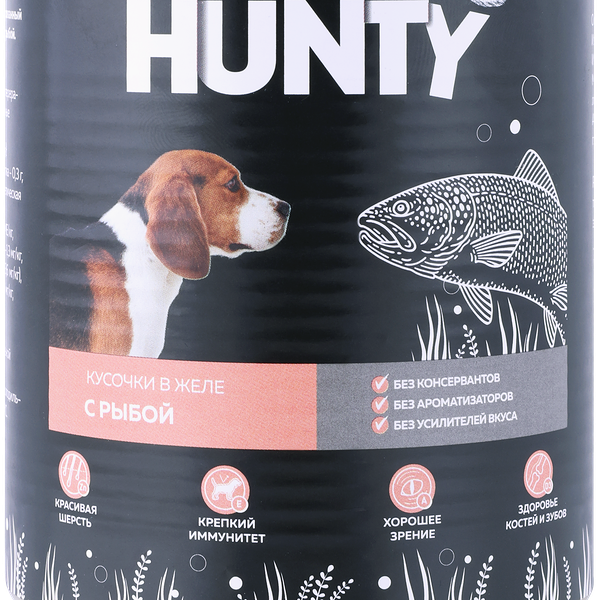 Корм консервированный для собак HUNTY Сочные кусочки в желе с рыбой, 850г