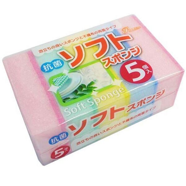 Губка для мытья посуды Ajwa с абразивным слоем (мягкая) 5шт, Япония