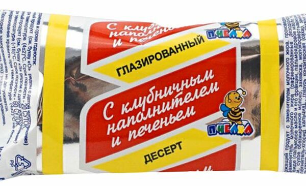 Десерт глазированный Пчелка с заменителем молочного жира с клубничным наполнителем и печеньем 40 г