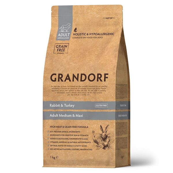 Сухой корм Grandorf для взрослых собак средних и крупных пород, кролик и индейка, 1 кг