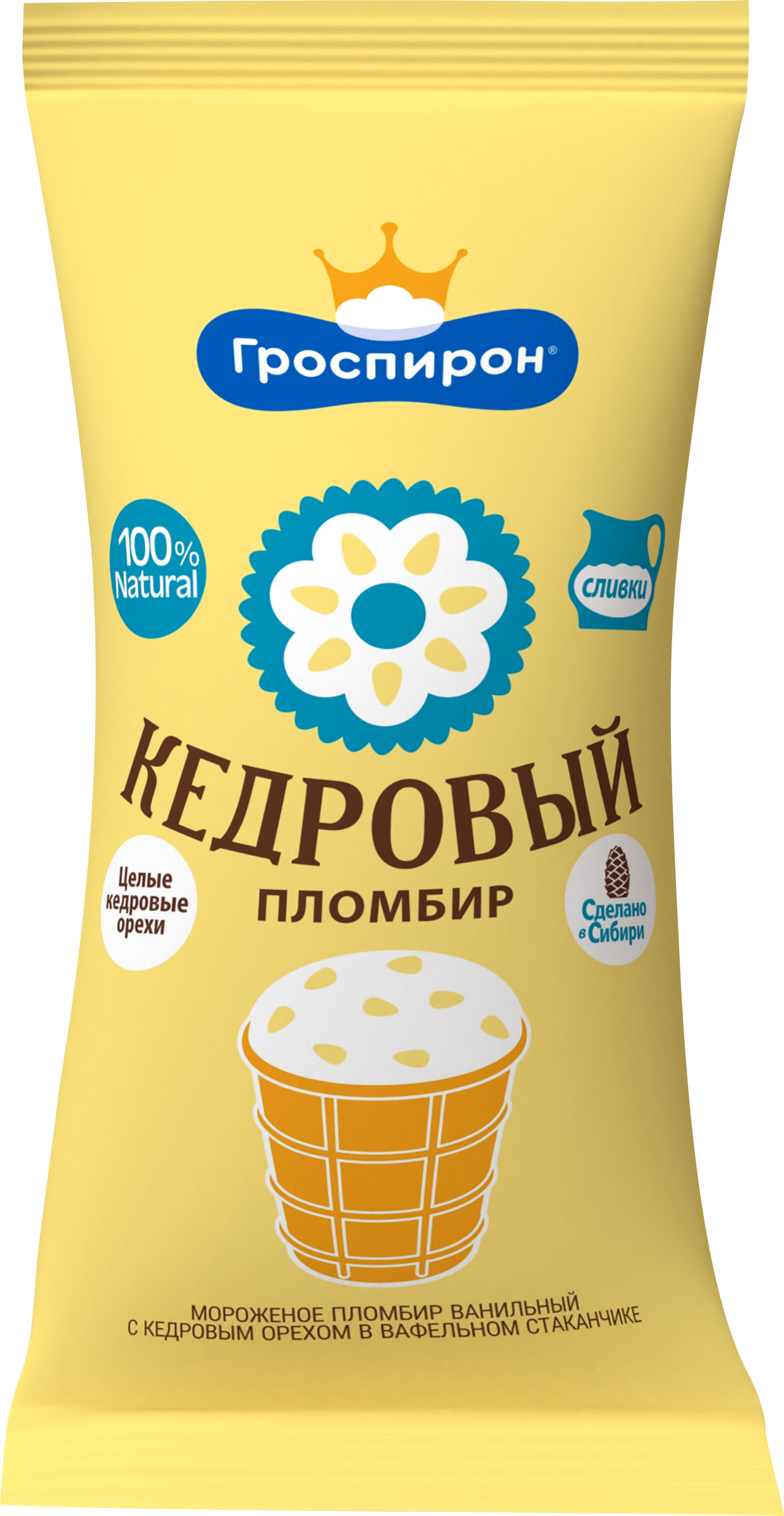 

Мороженое Гроспирон Кедровый Пломбир с кедровым орехом в вафельном стакане 15% 85 г