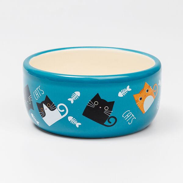 Миска керамическая для кошек и собак, 11x5,5 см, синяя с рисунком кошки