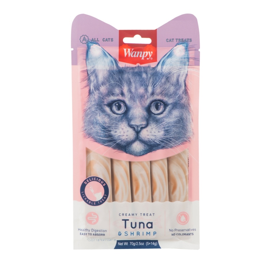 

Лакомство для кошек Wanpy Cat Нежное пюре Тунец и креветки 70 г