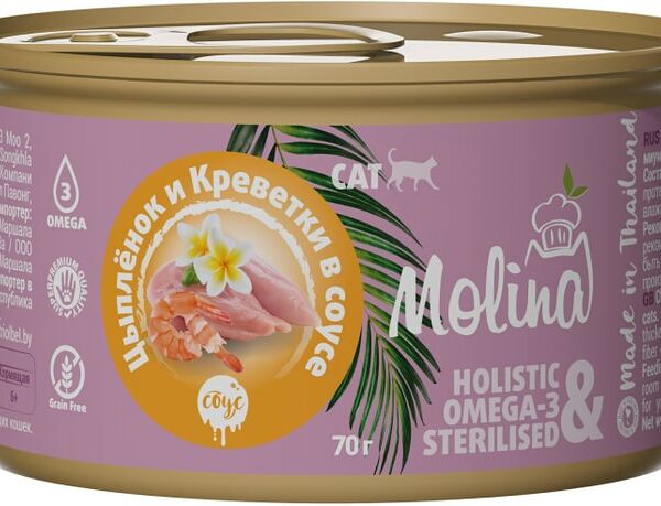 Влажный корм для кошек Molina Цыпленок и креветки в соусе 70г