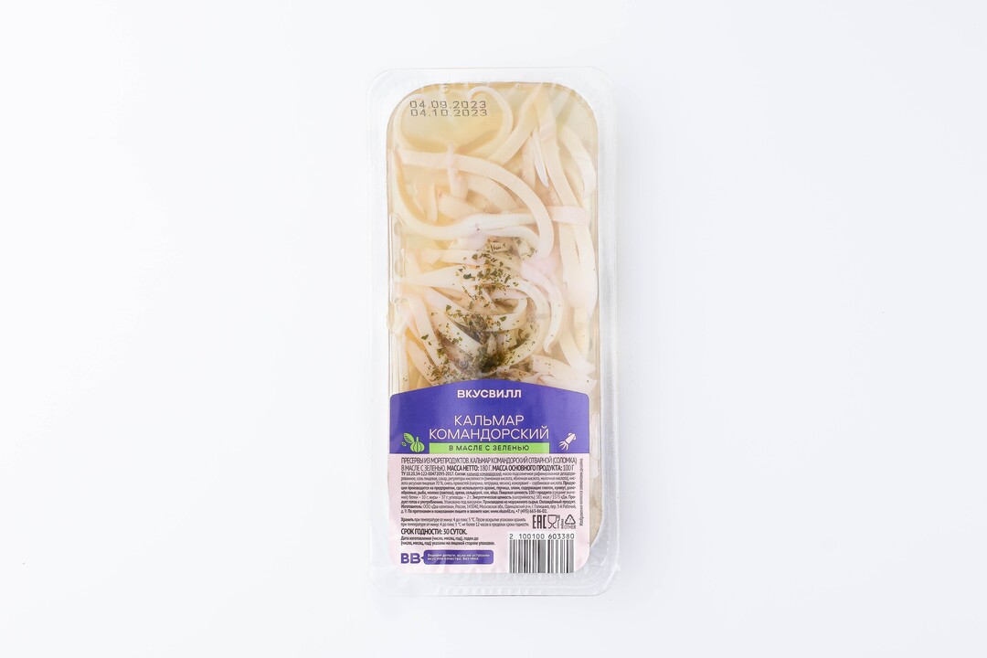 

Кальмар командорский ВкусВилл в масле с зеленью 180 г