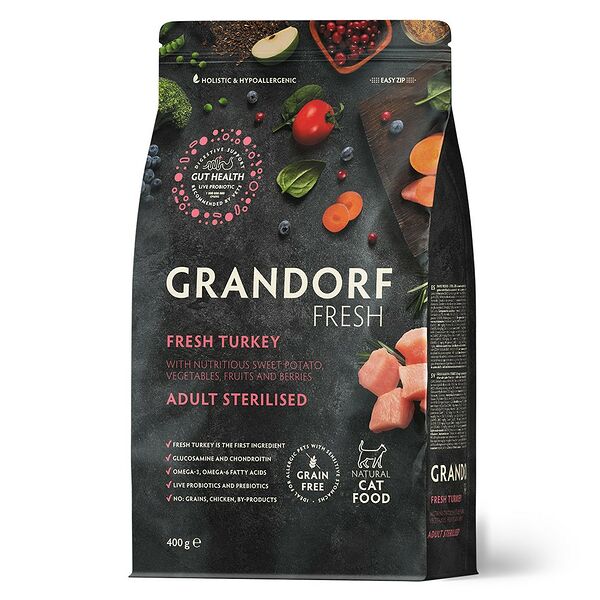 Сухой Беззерновой корм Grandorf Fresh с живыми пробиотиками, для взрослых стерилизованных или пожилых кошек, со свежим мясом индейки и бататом 400г
