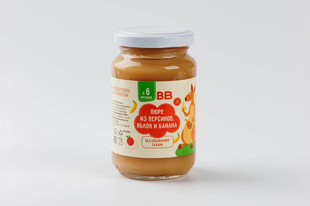 

Пюре ВкусВилл из персиков, яблок и банана с 6 месяцев, 190 г