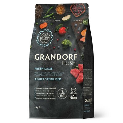 Сухой корм Grandorf Свежий (Fresh) для стерилизованных и кастрированных кошек ягненок и батат беззерновой с живыми пробиотиками 2 кг