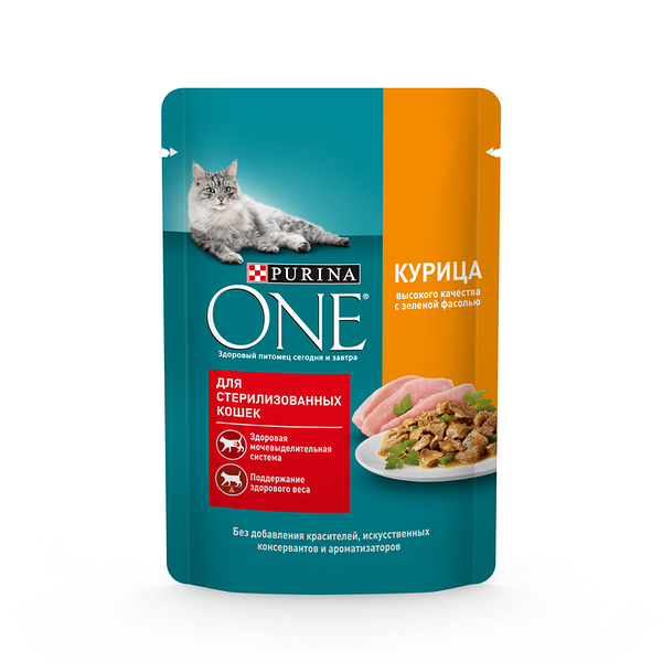 Влажный корм Purina ONE для стерилизованных кошек, с курицей и зеленой фасолью, 75г