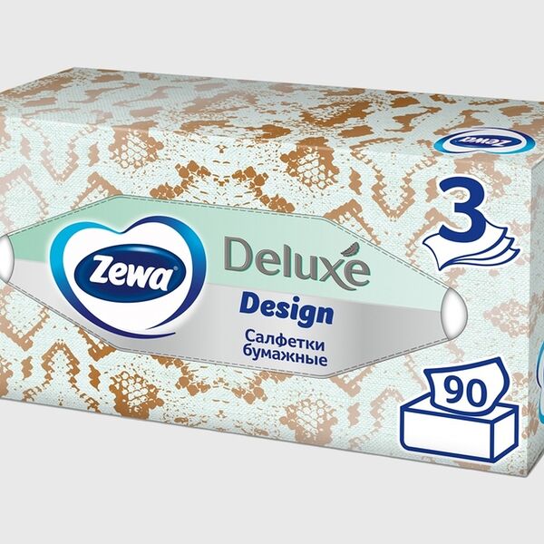 Салфетки Бумажные в коробке Zewa Deluxe Design 3 слоя, 90шт дизайн в ассортименте