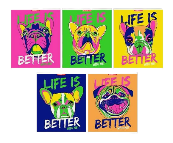 Тетрадь Academy Style Разноцветный бульдог,А5,48 листов,в клетку,на скрепке в ассортименте