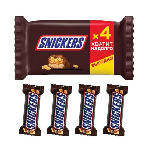 Snickers шоколадный батончик с карамелью, арахисом и нугой, пачка 160 г
