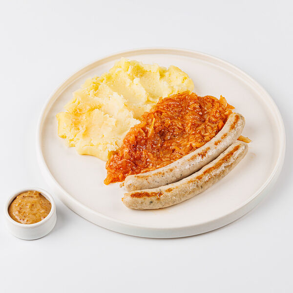 Картофельное пюре, капуста по-баварски с колбасками по-нюрнбергски и горчичным соусом