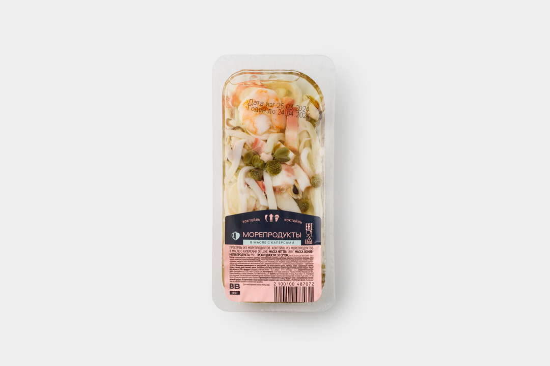 

Коктейль из морепродуктов ВкусВилл в масле с каперсами 180 г