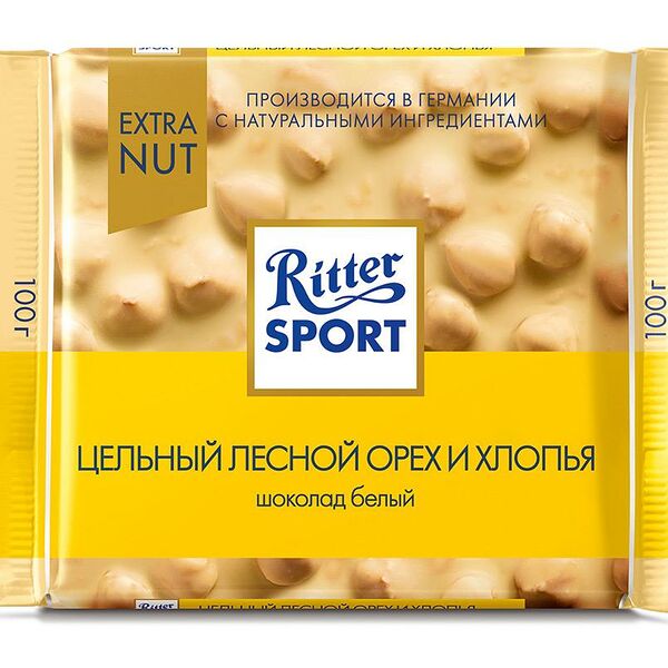 Шоколад Ritter Sport Extra Nut белый с цельным лесным орехом и хлопьями 100г