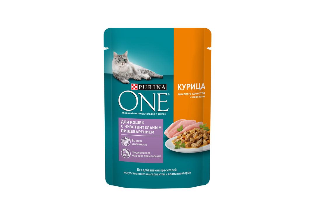 

Влажный корм для кошек Purina One при чувствительном пищеварении Курица и морковь в соусе 75 г