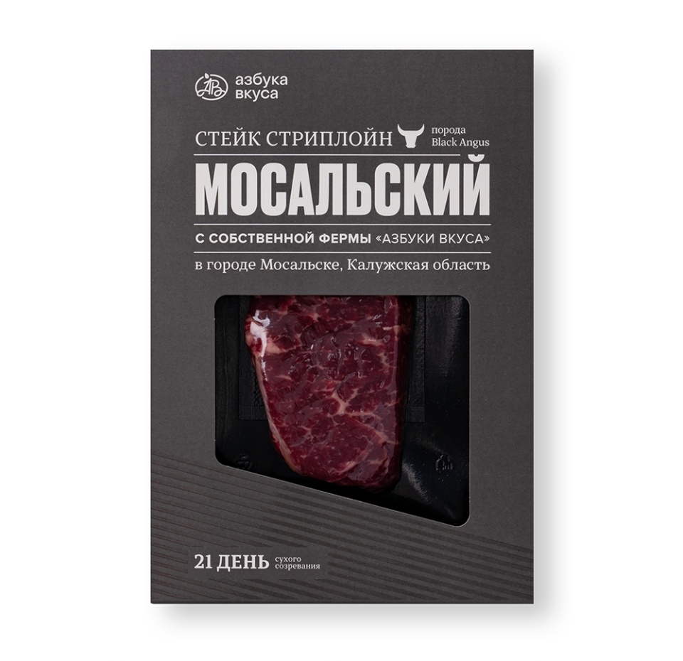 

Стейк Стриплойн из мяса молодых бычков влажного созревания Мосальский АВ. Наши фермы ООО Городской cупермаркет, вес